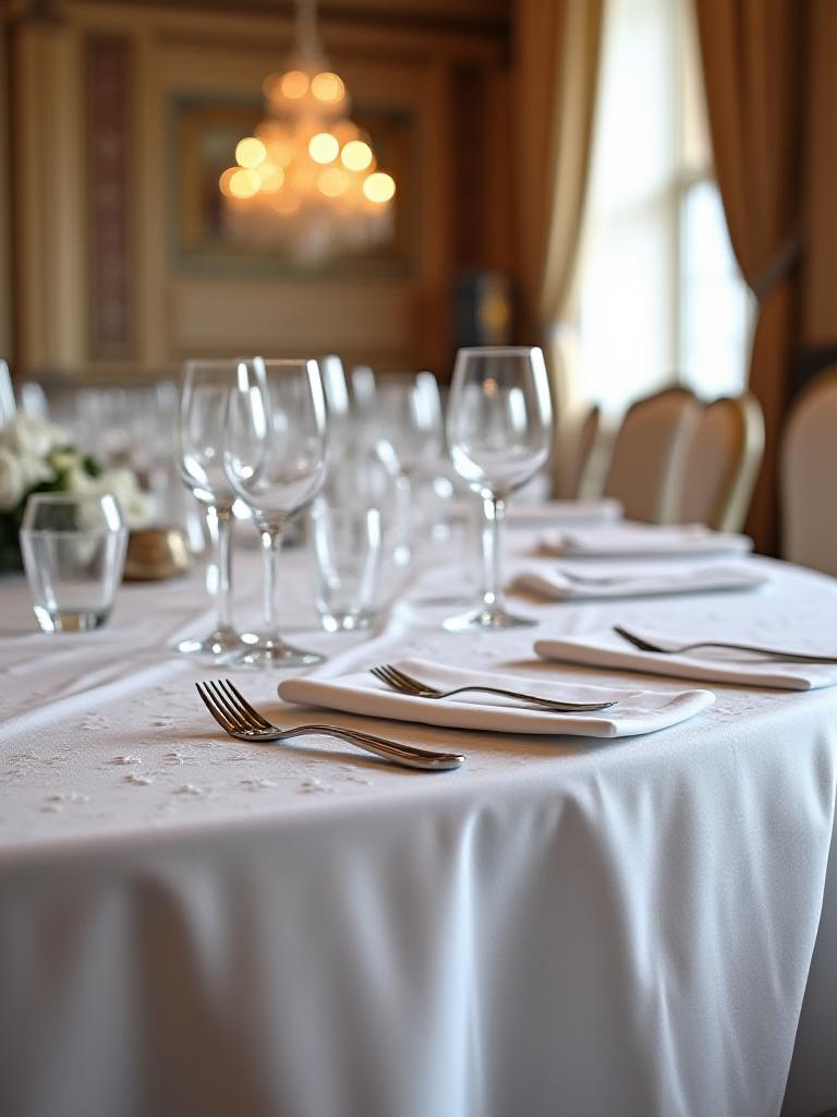 Weißes Damast-Tischtuch auf festlicher Tafel